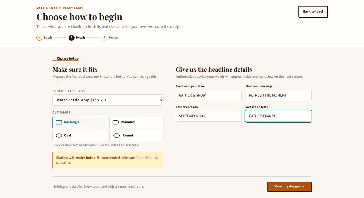 Bottle Label Maker setup showing water-bottle size, label shape, and personalized headline fields