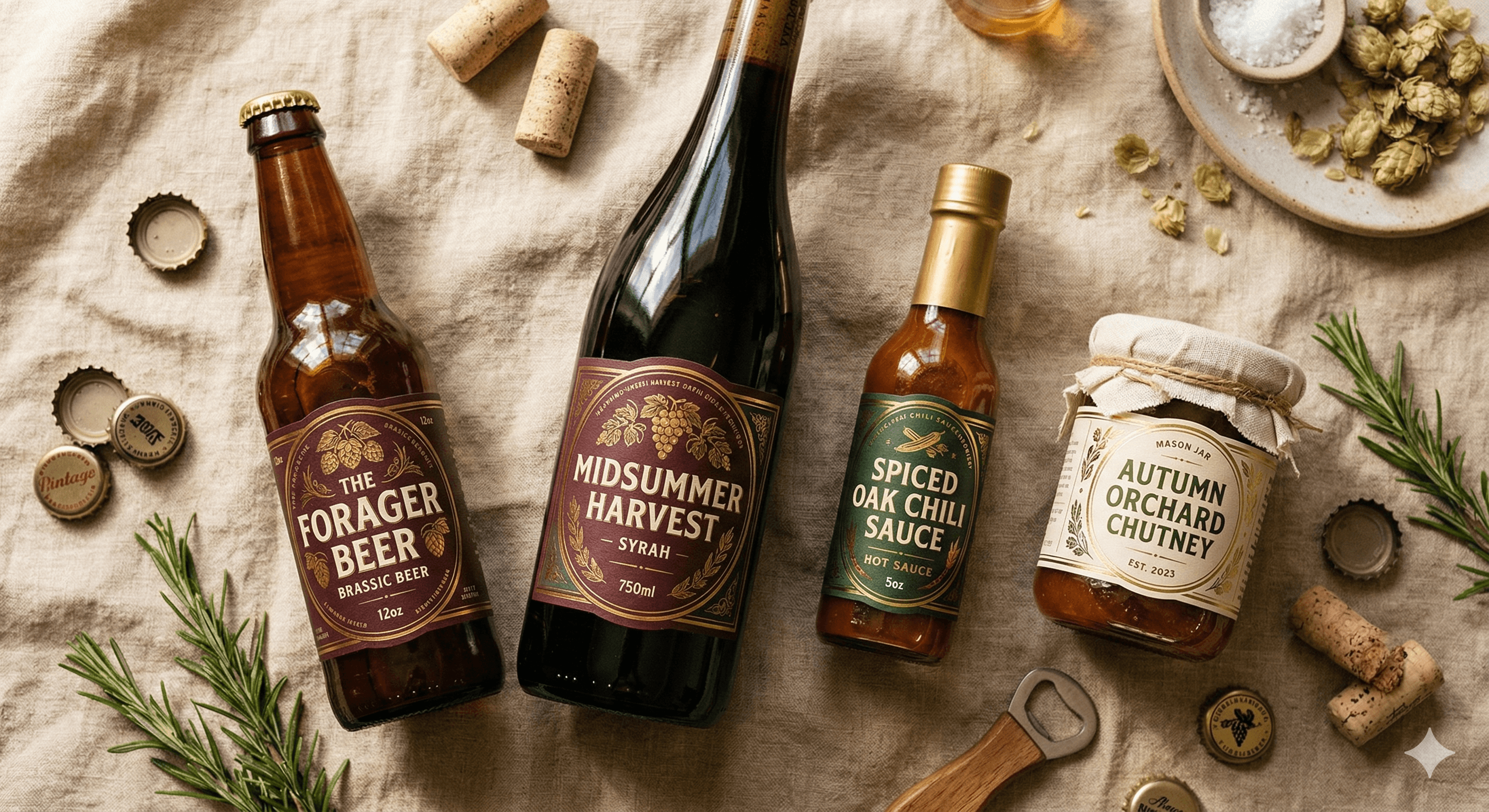 Custom labels applied to beer, wine, hot-sauce, and preserve bottles