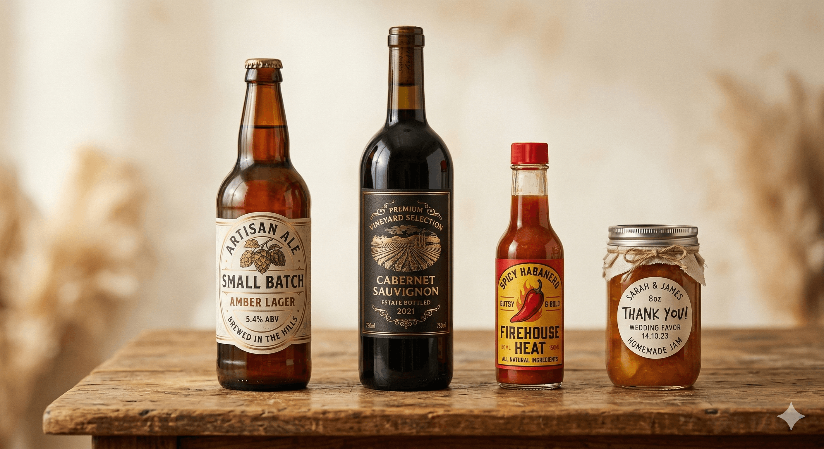 Beer, wine, hot sauce, and preserve bottles with printed labels
