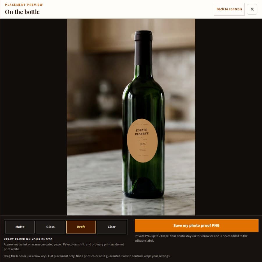 An oval label placed on a sample bottle photo, with kraft stock selected and a private PNG save button