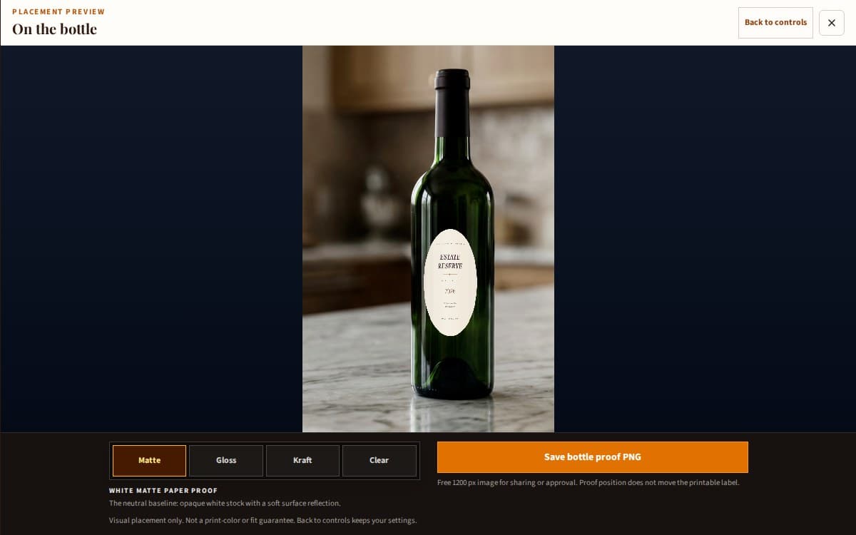 The real Bottle Label Maker workbench with a large wine-bottle proof, stock choices, and a PNG save button