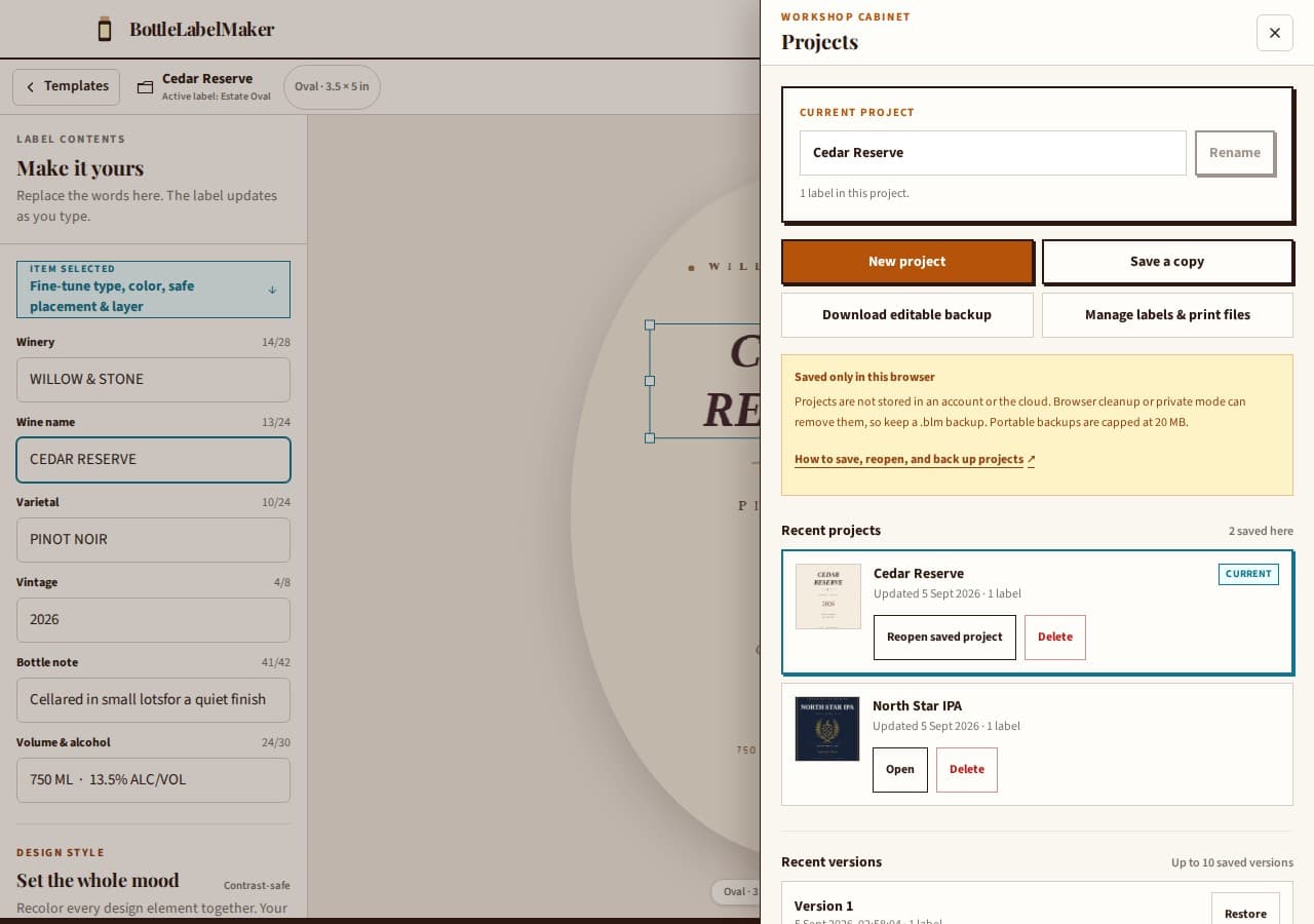 Bottle Label Maker on desktop with the Projects panel open beside an editable wine label