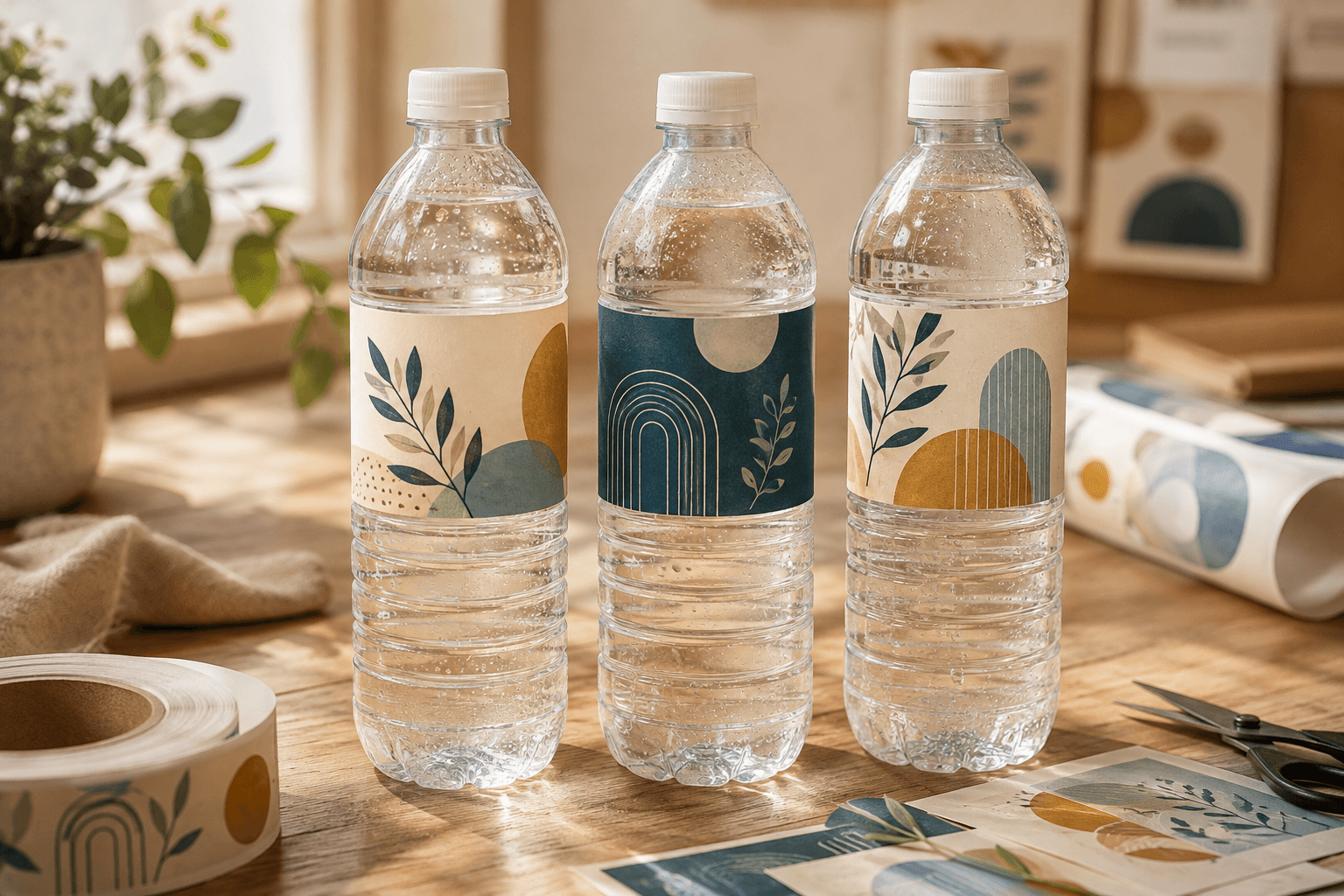Three clear water bottles with coordinated cream, teal, and amber custom wrap labels